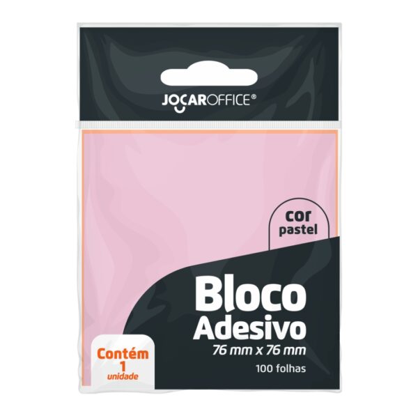BLOCO ADESIVO ROSA PASTEL 76MMX76MM - OPPBAG C/ 1 BLOCO 100 F JOCAR OFFICE