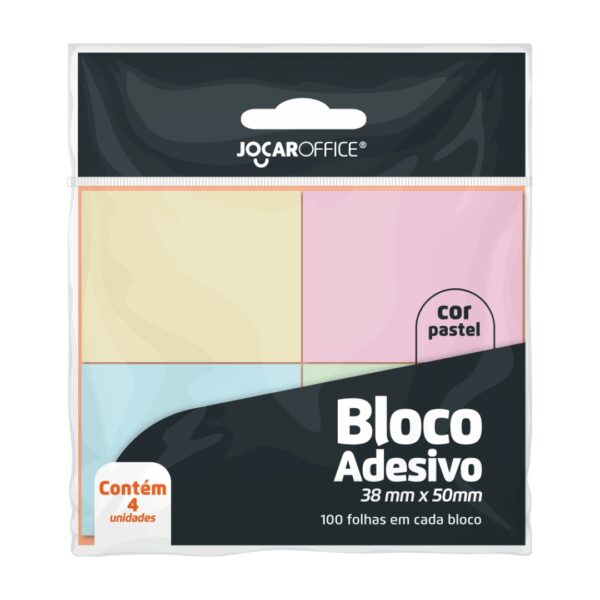 BLOCO ADESIVO COLORIDO PASTEL 38MMX50MM - OPPBAG C/ 4 BLOCOS 100 F CADA JOCAR OFFICE