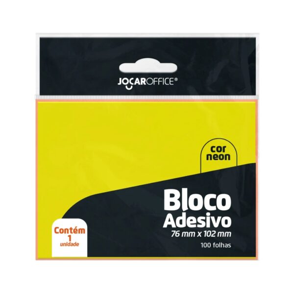 BLOCO ADESIVO AMARELO NEON 76MMX102MM - OPPBAG C/ 1 BLOCO 100 F JOCAR OFFICE